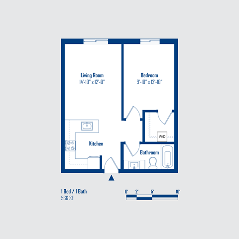 Floor plan for 1 bed, 1 bath, 566 sqft